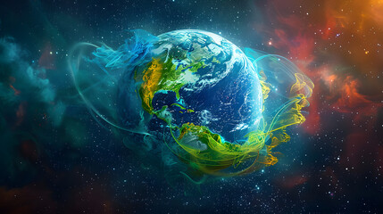 Sticker - Digital artwork of Earth made with colorful threads in space