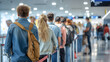 © safu designe - People at the airport, passenger waiting in queue to check in and drop off luggage. Travelers waiting in line for security check in airport terminal