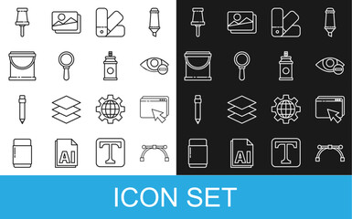 Poster - Set line Bezier curve, Web design and development, Red eye effect, Color palette guide, Magnifying glass, Paint bucket, Push pin and spray can icon. Vector