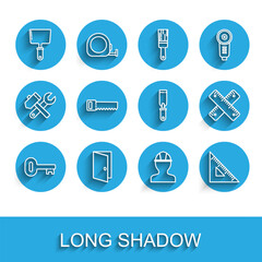 Aufkleber - Set line Old key, Closed door, Putty knife, Worker safety helmet, Triangular ruler, Hand saw, Crossed and Rasp metal file icon. Vector