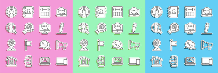 Fototapete - Set line Monitor and phone, Megaphone, Pencil with eraser, Calendar, Mail e-mail in hand, Create account screen, and Chat messages notification monitor icon. Vector