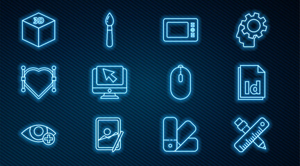 Poster - Set line Crossed ruler and pencil, ID File document, Graphic tablet, Computer monitor cursor, Heart with Bezier curve, Isometric cube, mouse and Paint brush icon. Vector