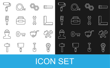 Poster - Set line Angle grinder, Hammer and wrench spanner, Corner ruler, Hexagonal metal nut, Toolbox, Paint brush, roller and Wrench icon. Vector