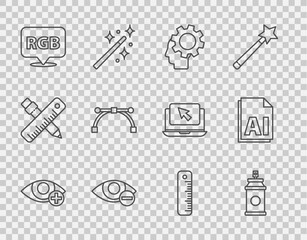 Poster - Set line Red eye effect, Paint spray can, Human head with gear inside, Speech bubble RGB and CMYK, Bezier curve, Ruler and AI file document icon. Vector