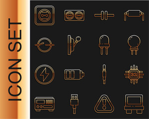 Poster - Set line Fuse, Processor with microcircuits CPU, Light emitting diode, Electric scheme, Electrical panel, outlet and icon. Vector