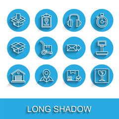 Poster - Set line Warehouse, Placeholder on map paper, Cardboard box with traffic symbol, Package check mark, Fragile broken glass, Hand truck and boxes, Scale and Envelope icon. Vector