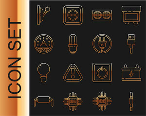 Poster - Set line Audio jack, Car battery, USB cable cord, Electrical outlet, LED light bulb, Ampere meter, multimeter, voltmeter, panel and plug icon. Vector