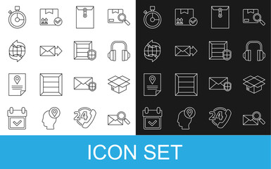 Poster - Set line Envelope with magnifying glass, Carton cardboard box, Headphones, Worldwide, Fast time delivery and Delivery pack security shield icon. Vector