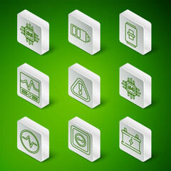Poster - Set line Car battery, Electrical outlet, Processor with microcircuits CPU, Exclamation mark in triangle, measuring instruments, Battery charge level indicator, scheme and icon. Vector