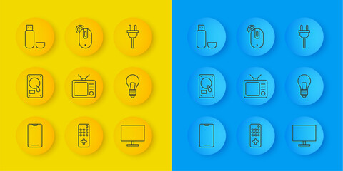 Poster - set line smartphone, mobile phone, hard disk drive hdd, retro tv, computer monitor screen, light bul
