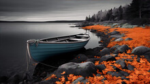 Blue wooden boat on rocky lake shore with orange autumn leaves and gray rocky forest