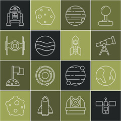 Wall Mural - set line satellite, earth globe, telescope, planet, cosmic ship, robot and rocket icon. vector
