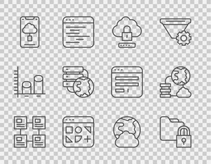 Poster - Set line Hierarchy organogram chart, Folder and lock, Cloud computing, Different files, technology data transfer, Network cloud connection, Social network and icon. Vector
