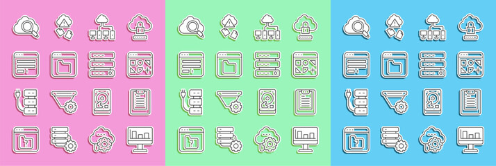 Poster - set line monitor with graph chart, server, data report, different files, computer network, browser, 