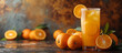 Fresh orange juice glass with ice cubes, Ripe oranges on background.