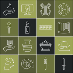 Wall Mural - Set line Medieval sword, Greek trireme, Ancient column, lyre, Bottle of olive oil, Torch flame, Hand holding fire and pattern icon. Vector