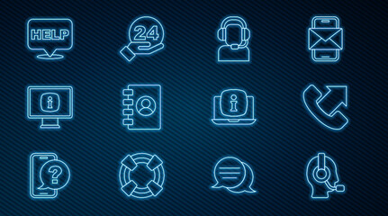 Poster - Set line Man with a headset, Telephone 24 hours support, Address book, Monitor information, Speech bubble text Help, Laptop and icon. Vector