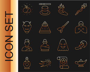 Canvas Print - Set line Magic lamp or Aladdin, Psilocybin mushroom, Mantle, cloak, cape, Hand holding fire, Masons, Mask of the devil with horns, Poison apple and Witches broom icon. Vector