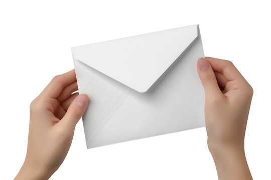 Hand holding white envelope with a blank paper inside isolated on a transparent background