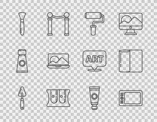 Poster - set line palette knife, graphic tablet, paint roller brush, pencil sharpener, laptop, tube with pain