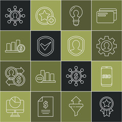 Poster - Set line Medal with star, Human gear inside, Light bulb concept of idea, Shield check mark, Pie chart infographic and dollar, Business network communication and User protection icon. Vector