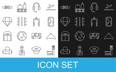 Poster - Set line Airport control tower, Jet fighter, Airplane window, Headphones with microphone, runway, Parachute, Safety belt and Metal detector airport icon. Vector