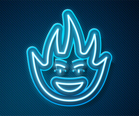 Poster - Glowing neon line Fire flame icon isolated on blue background. Vector