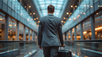 Rear view of young handsome businessman with luggage in modern airport terminal