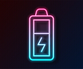 Poster - Glowing neon line Battery icon isolated on black background. Lightning bolt symbol. Vector