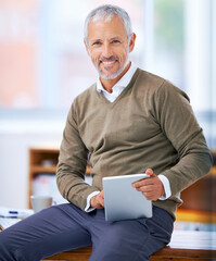Aufkleber - Portrait, happy and businessman with tablet in office for website research on internet. Smile, reading and mature financial planner work on budget project with digital technology in workplace.