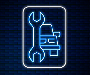 Sticker - Glowing neon line Car service icon isolated on brick wall background. Auto mechanic service. Repair service auto mechanic. Maintenance sign. Vector