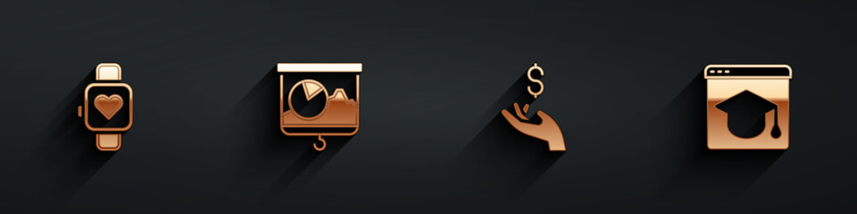 Set Smart watch, Chalkboard with chart, Hand holding coin money and Online education icon with long shadow. Vector