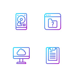 Aufkleber - set line server, data report, cloud technology data transfer, hard disk drive hdd and file missing. 