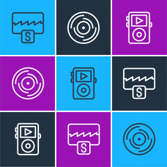 Poster - Set line Music wave equalizer, player and Vinyl disk icon. Vector