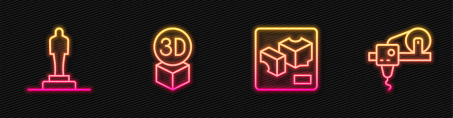 Poster - Set line 3D printer, model, Isometric cube and . Glowing neon icon. Vector