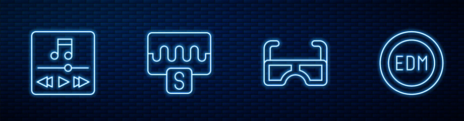 Poster - Set line Glasses, Music player, wave equalizer and EDM electronic dance music. Glowing neon icon on brick wall. Vector