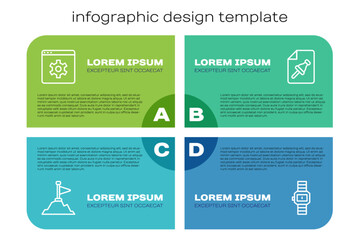 Poster - Set line Mountains with flag on top, Browser setting, Wrist watch and Note paper push button. Business infographic template. Vector