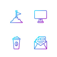 Poster - Set line Mail and e-mail, Coffee cup to go, Mountains with flag on top and Computer monitor. Gradient color icons. Vector