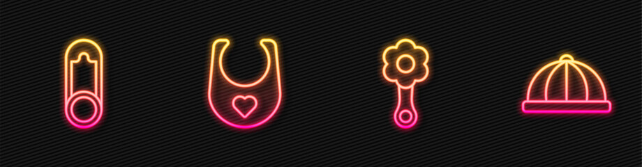 Wall Mural - Set line Rattle baby toy, Baby clothes pin, bib and hat. Glowing neon icon. Vector