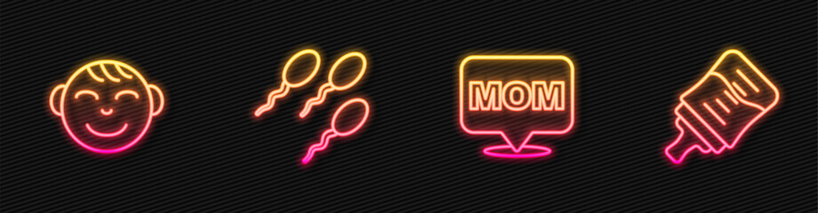 Wall Mural - Set line Speech bubble mom, Little boy head, Sperm and Baby bottle. Glowing neon icon. Vector