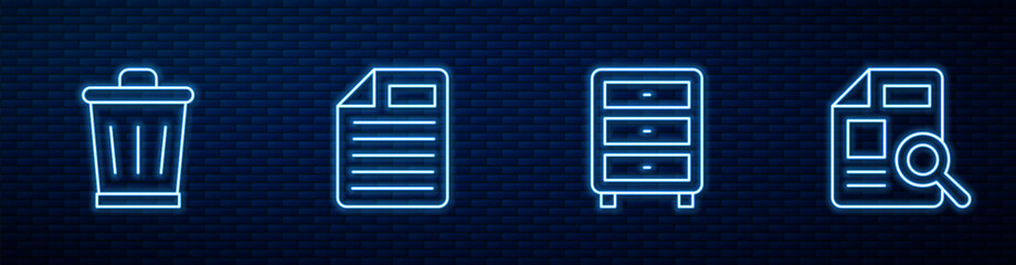 Poster - Set line Archive papers drawer, Trash can, File document and Document with graph chart. Glowing neon icon on brick wall. Vector