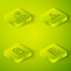 Poster - Set Isometric line Mountains with flag on top, Psychological test, and Solution problem psychology icon. Vector