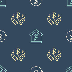 Wall Mural - Set line Recycle symbol with leaf, Leaf in hand and Eco friendly house on seamless pattern. Vector