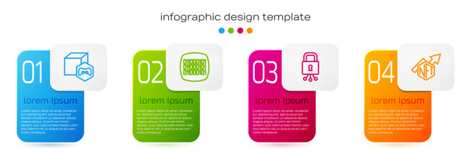 Poster - Set line NFT Digital crypto art, Binary code, Cyber security and growth bar chart. Business infographic template. Vector