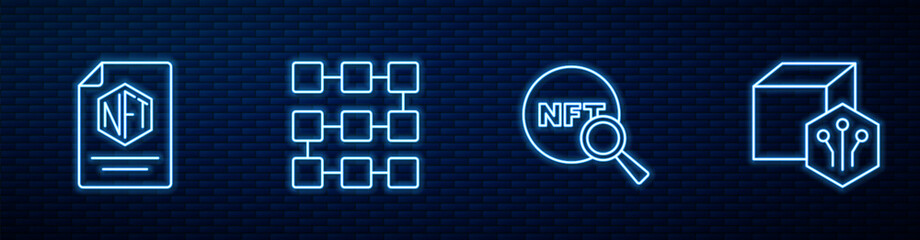 Poster - Set line Search NFT, contract, blockchain technology and Digital crypto art. Glowing neon icon on brick wall. Vector