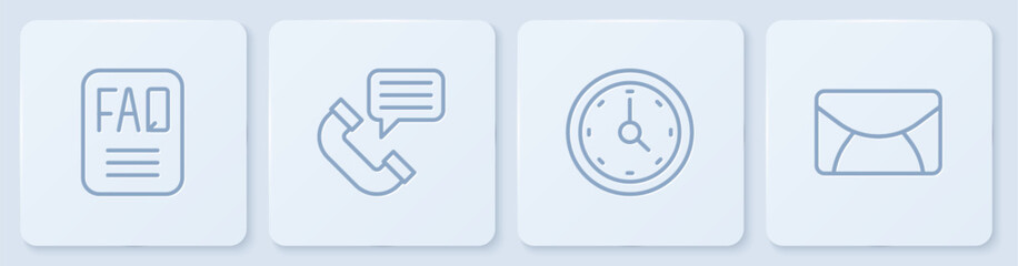 Poster - Set line FAQ information, Clock, Telephone conversation and Mail and e-mail. White square button. Vector