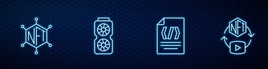 Poster - Set line Binary code, NFT blockchain technology, Video graphic card and Digital crypto art. Glowing neon icon on brick wall. Vector