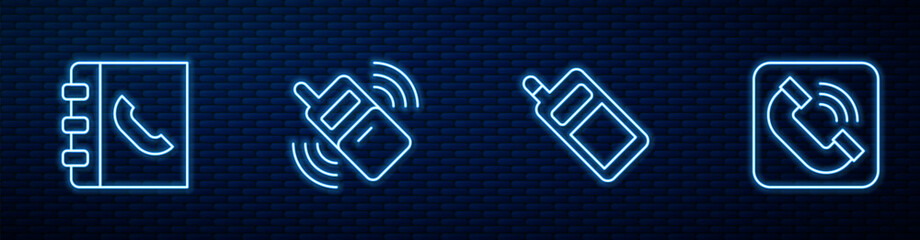 Aufkleber - Set line Mobile phone, Phone book, and Telephone handset. Glowing neon icon on brick wall. Vector