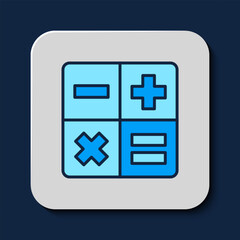 Poster - Filled outline Calculator icon isolated on blue background. Accounting symbol. Business calculations mathematics education and finance. Vector