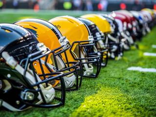 American football helmets at the artificial grass playing field 